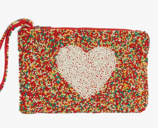 Multi Color Fully Beaded Ladies Wristlet Wallet White Heart